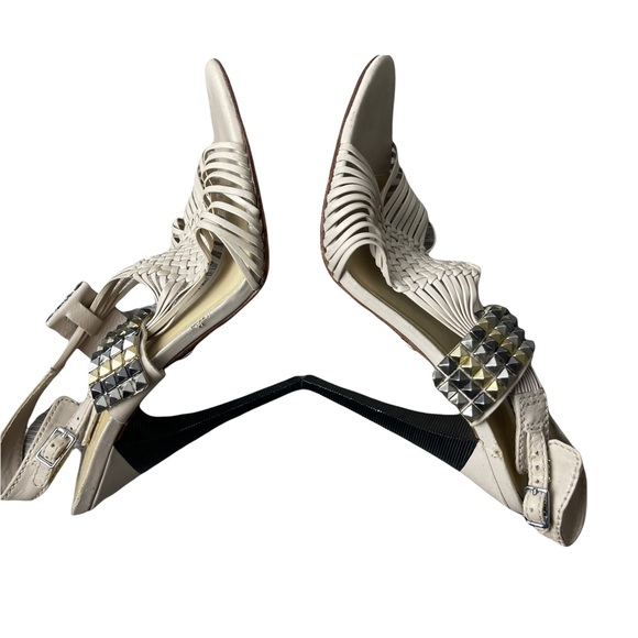 L.A.M.B 'Dakota' Cream Leather Strappy Woven Studded  Stiletto Sandal Heels 7.5M - Picture 10 of 12
